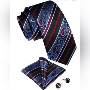 NWT Striped Paisley Silk Necktie Blue Red Black Pocket Square Cufflinks Set